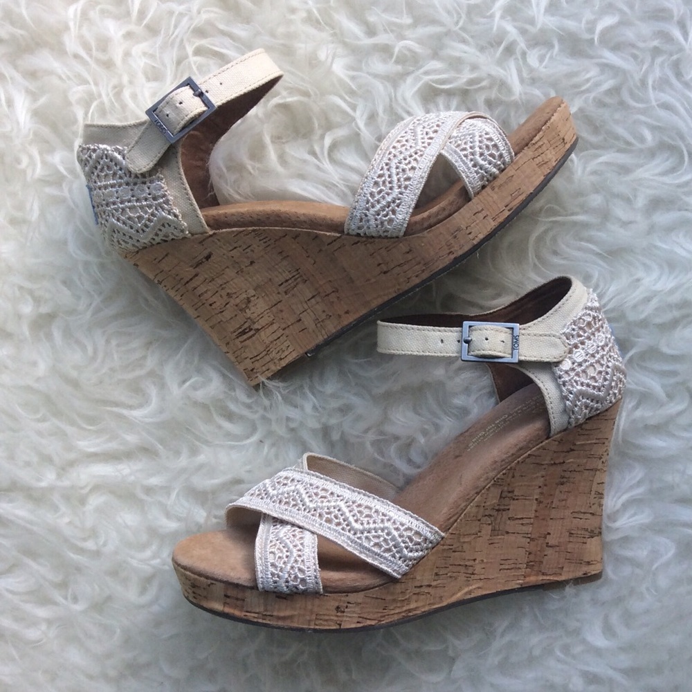 TOMS Natural Crochet Strappy Wedges